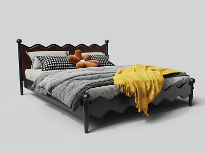 Double Bed With Curved Wooden Headboard Gray Comforter Checkered Pillows Teddy Bears And Yellow Blanket 3d model