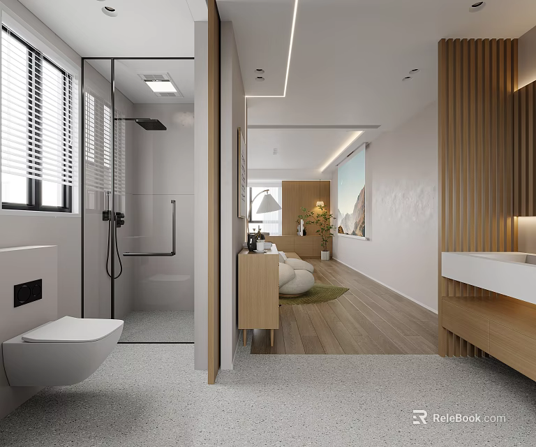 Modern Bathroom Interior With Glass Shower Enclosure White Toilet Wooden Vanity And Lighting 3d model 