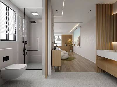 Modern Bathroom Interior With Glass Shower Enclosure White Toilet Wooden Vanity And Lighting 3d model