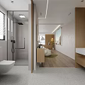 Modern Bathroom Interior With Glass Shower Enclosure White Toilet Wooden Vanity And Lighting