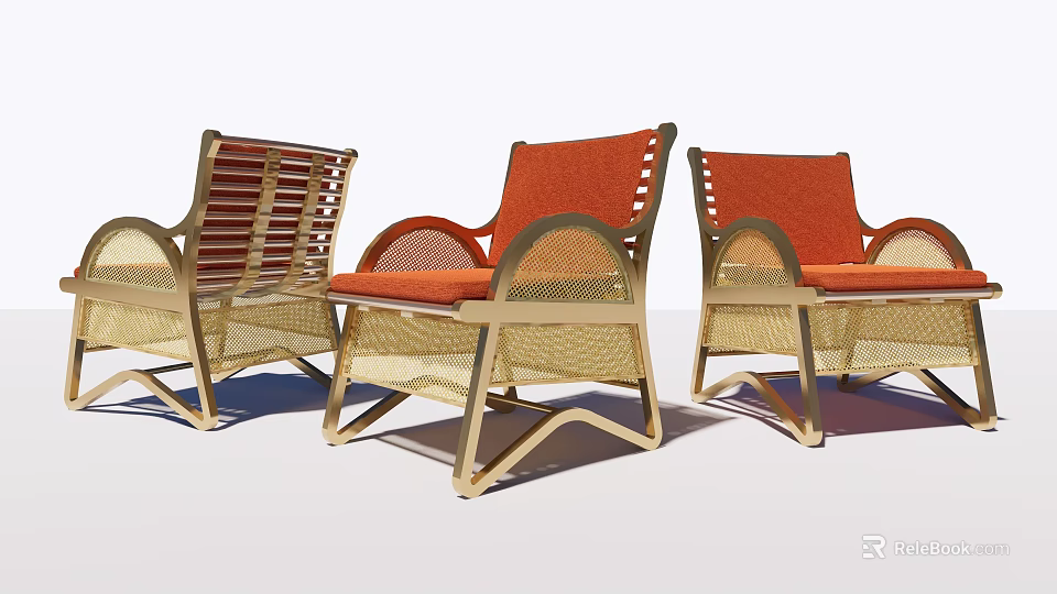 Stylish Leisure Chairs With Orange Cushions And Golden Metal Frames Design 3d model 