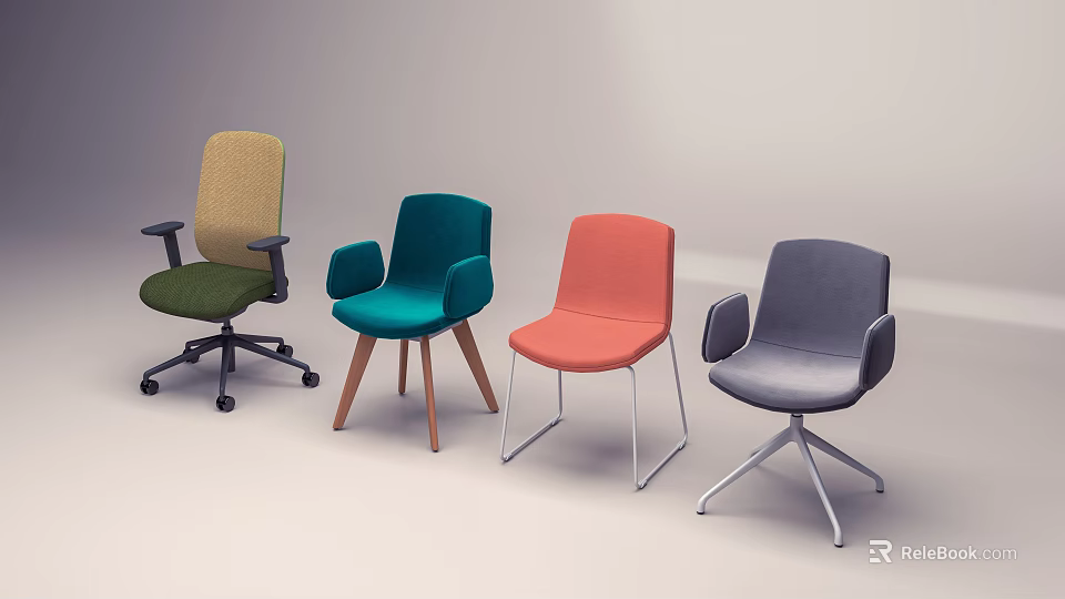 Colorful Office Chairs With Armrests And Diverse Base Designs For Workspace 3d model 