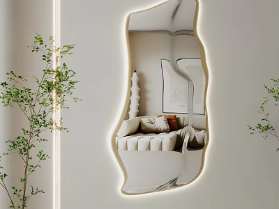 Irregular Shaped LED Backlit Mirror Reflecting Modern Sofa And Indoor Plants 3d model