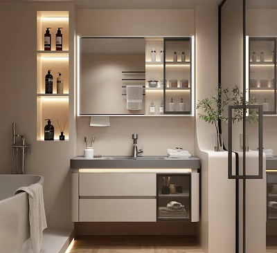Elegant Modern Bathroom Vanity Design With Backlit Mirror Countertop Cabinets And Potted Plant 3d model