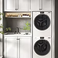 Modern Home Balcony Interior Design With Washing Machine Dryer Cabinets And Green Plants