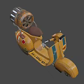 Yellow Vintage Motorcycle With Blue Stripes Stickers Rear Wheel And Barrel