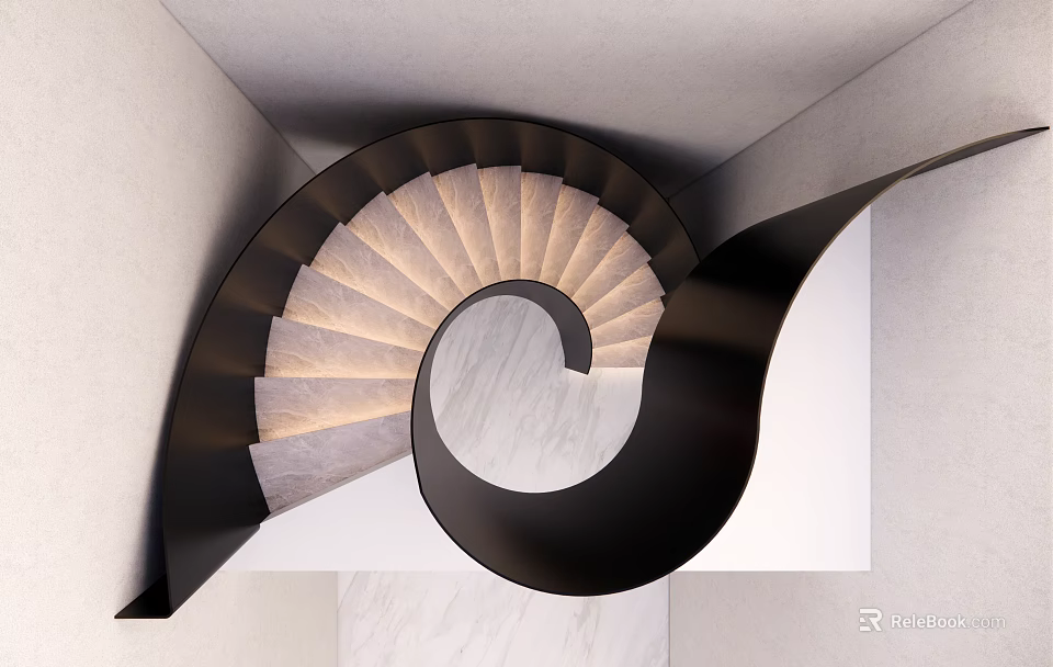 Modern Spiral Staircase Interior With Black Metal Railing And Light Marble Steps 3d model 