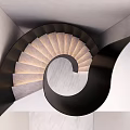 Modern Spiral Staircase Interior With Black Metal Railing And Light Marble Steps
