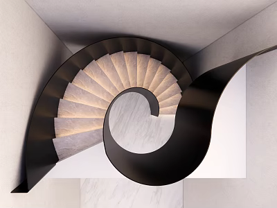 Modern Spiral Staircase Interior With Black Metal Railing And Light Marble Steps 3d model