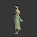 Woman Wearing Dark Long Dress with Green and Yellow Sleeves and Headpiece