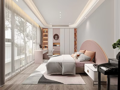 Modern Kids Room Interior With Pink Headboard Bed Desk Bookshelves And Large Windows 3d model