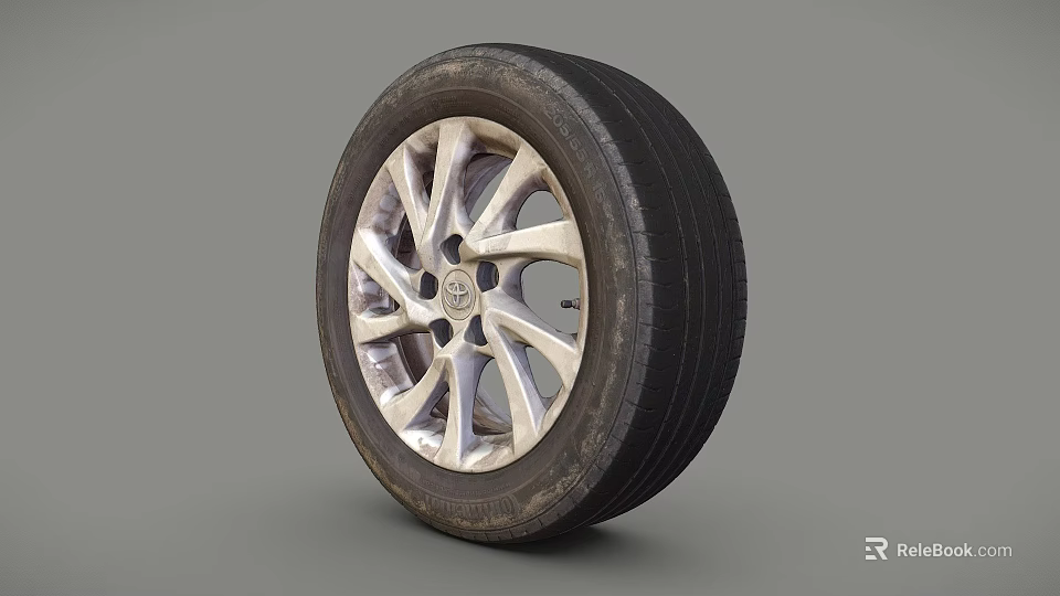 Car Tire With Silver Spoke Alloy Wheel Rim And Black Rubber Surface 3d model 
