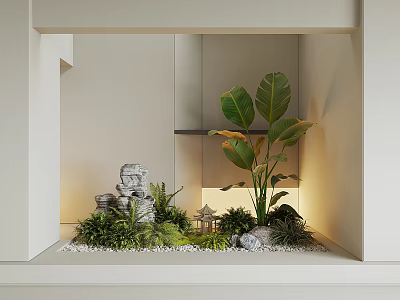 Serene Indoor Landscape With Green Plants Stones Small Pavilion And Built In Design 3d model