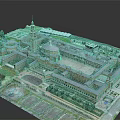 Cartoon Scenery Featuring Large Building Complex With Tower Dome Courtyard Green Space And Parking Lot