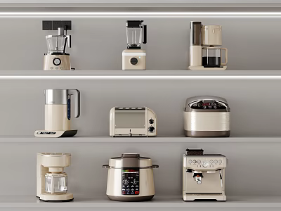 Modern Kitchen Appliances Displayed on Shelves Including Coffee Maker Blender Toaster and Rice Cooker 3d model