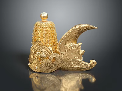 Golden Intricate Sculptures With Tower Shaped Top And Crescent Carving Details 3d model