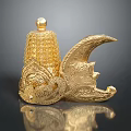 Golden Intricate Sculptures With Tower Shaped Top And Crescent Carving Details
