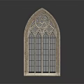 Gothic Arched Casement Window With Intricate Stone Carvings And Multiple Glass Panes