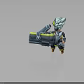 Blue Haired Character With Goggles In Mechanical Outfit Holding Large Weapon And Small Creature Companion