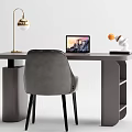 Modern Home Office Desk With Gold Lamp Laptop And Black Leather Chair