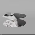 Modern Coffee Table With Black And White Marble Irregular Curved Shape And Transparent Glass Decor