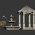 Ornate Gazebo with Columns and Tiered Fountain Featuring Decorative Sphere on Dark Surface with Reflections