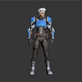 3D Male Character Model With White Hair Blue Armor And Brown Outfit Standing
