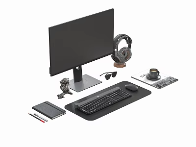 Modern Computer Workstation Setup With Monitor Keyboard Mouse Headphones Notebook And Coffee Cup 3d model