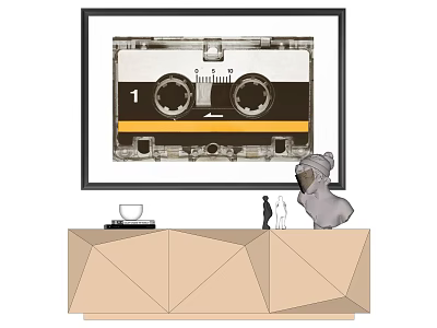 Framed Cassette Tape Art On Wall Above Modern Cabinet With Decorative Items 3d model