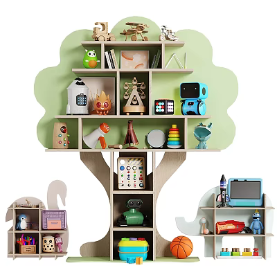 Children's Tree Shaped Bookshelf with Colorful Toys Storage and Decorative Elements 3d model
