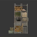 Scenic Rural Storage Space With Metal Shelves Wooden Crates And Tools