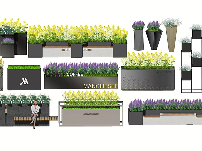 Modern Flower Planters With Lavender And Yellow Flowers Various Shapes 3d model