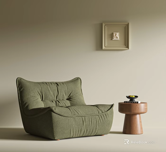 Olive Green Single Sofa With Pleated Design Wooden Side Table And Framed Wall Art 3d model 