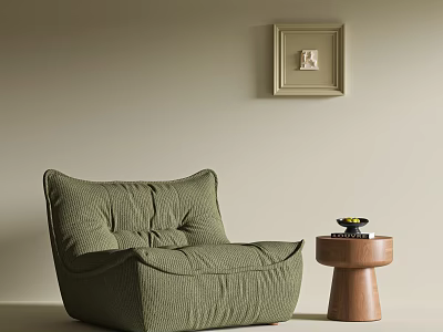 Olive Green Single Sofa With Pleated Design Wooden Side Table And Framed Wall Art 3d model
