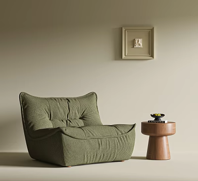 Olive Green Single Sofa With Pleated Design Wooden Side Table And Framed Wall Art 3d model