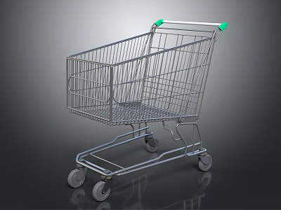 Metal Shopping Cart With Silver Frame Green Handles And Four Wheels 3d model