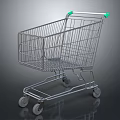 Metal Shopping Cart With Silver Frame Green Handles And Four Wheels