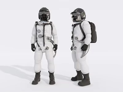 Men in White Spacesuits Standing With Helmets Backpacks and Full Body View 3d model