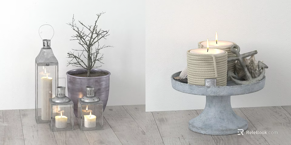 Minimalist Decorative Ornament Set With Candles Vase Bare Branches And Pedestal Tray 3d model 