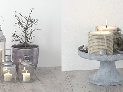 Minimalist Decorative Ornament Set With Candles Vase Bare Branches And Pedestal Tray 3d model
