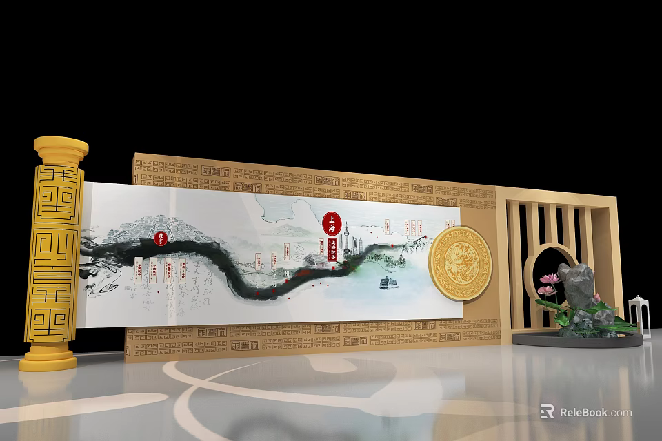 Traditional Chinese Cultural Display with Scroll Painting Golden Pillar and Lotus Decorations 3d model 