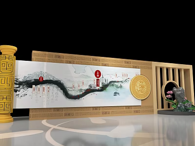 Traditional Chinese Cultural Display with Scroll Painting Golden Pillar and Lotus Decorations 3d model