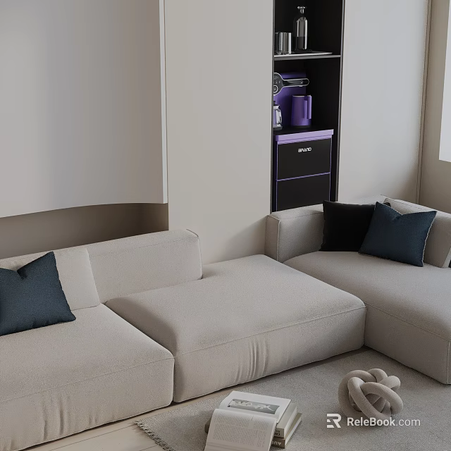 Modern Three Seater Beige Sofa With Dark Accent Pillows And Side Shelf 3d model