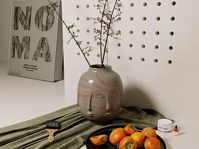Ceramic Vase with Small Flowers and Slim Branches Alongside Magazine Green Cloth on Table 3d model