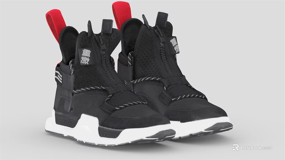 Black High Top Shoes with Red Collar Accents White Soles and Zipper Closure 3d model 