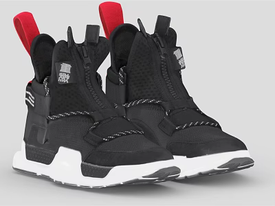 Black High Top Shoes with Red Collar Accents White Soles and Zipper Closure 3d model