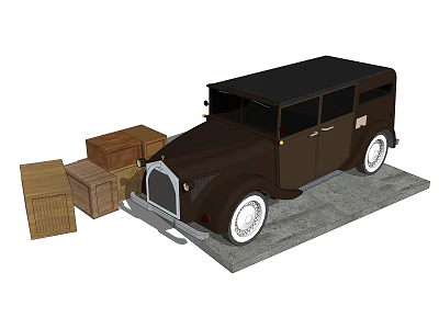 Vintage Brown Classic Car With Stacked Wooden Crates On Gray Platform 3d model