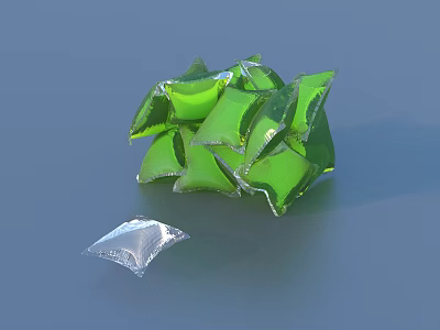 Pile Of Green Laundry Pod Packages With Silver Single Pod For Household Use 3d model