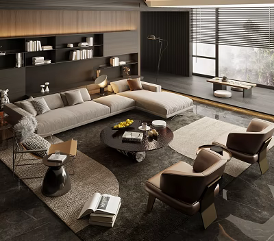 Modern Sofa And Coffee Table Set With Armchairs Rug Bookshelf Lamp Blinds In Living Room 3d model