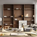 Modern Living Room With Grey Sofa Wooden Bookshelf Striped Rug And Large Window Green Plants